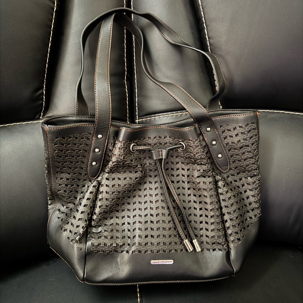 Black Perforated Leather Tote with Drawstring
